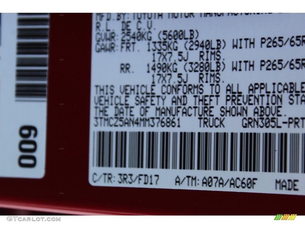 2021 Tacoma Color Code 3R3 for Barcelona Red Metallic Photo #140183462