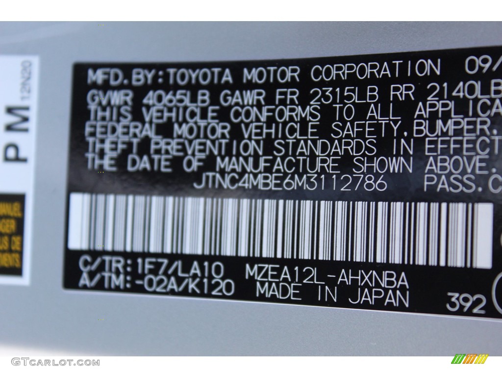 2021 Corolla Hatchback Color Code 1F7 for Classic Silver Metallic Photo #140184503