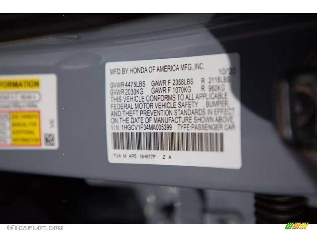 2021 Accord Color Code NH877P for Sonic Gray Pearl Photo #140186660