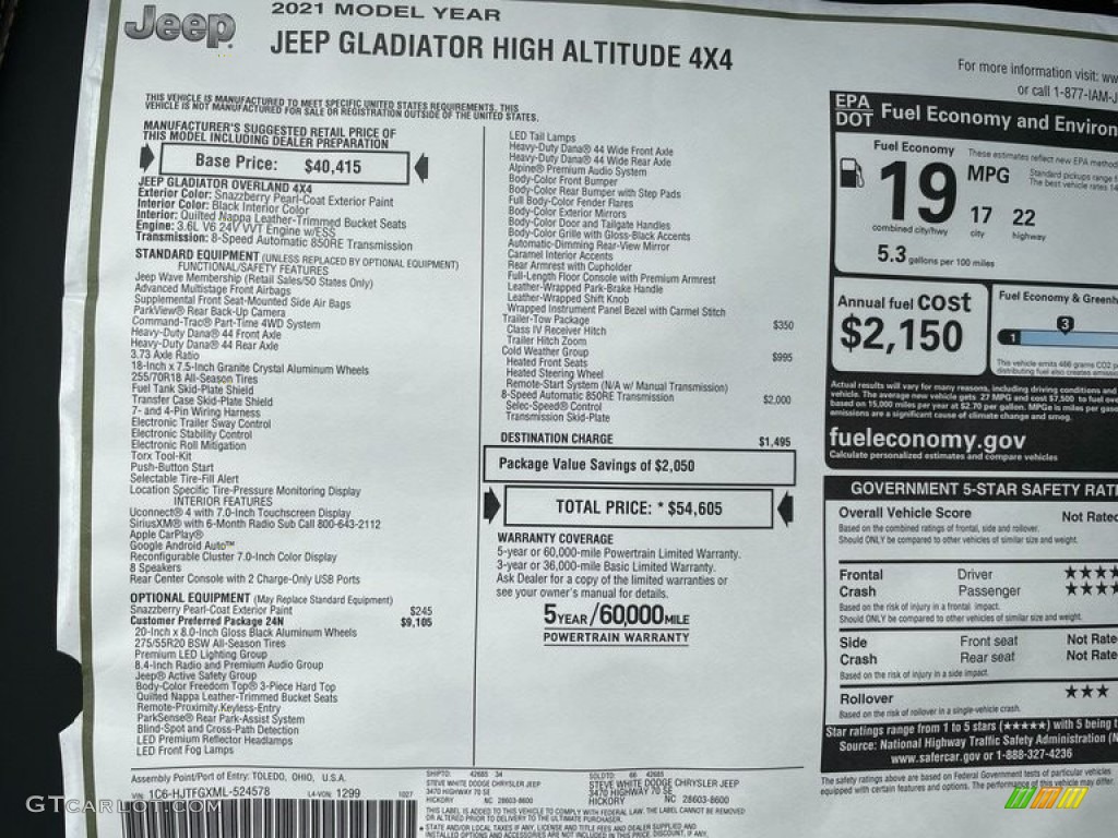 2021 Jeep Gladiator High Altitude 4x4 Window Sticker Photo #140192271