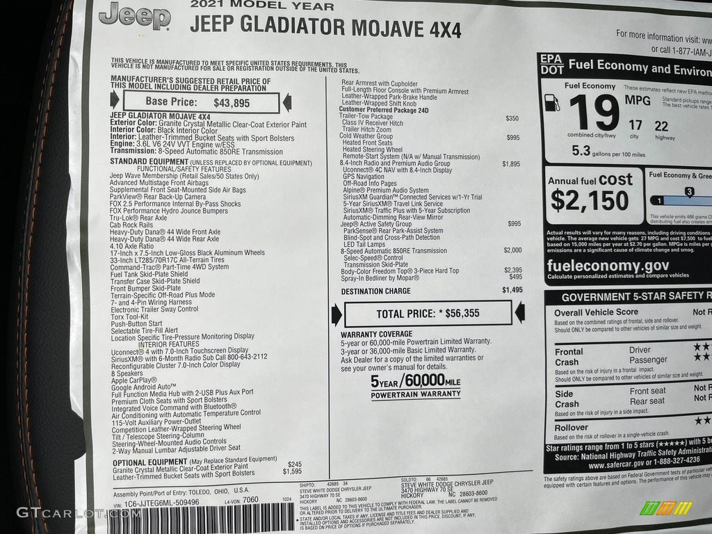 2021 Jeep Gladiator Mojave 4x4 Window Sticker Photo #140192988