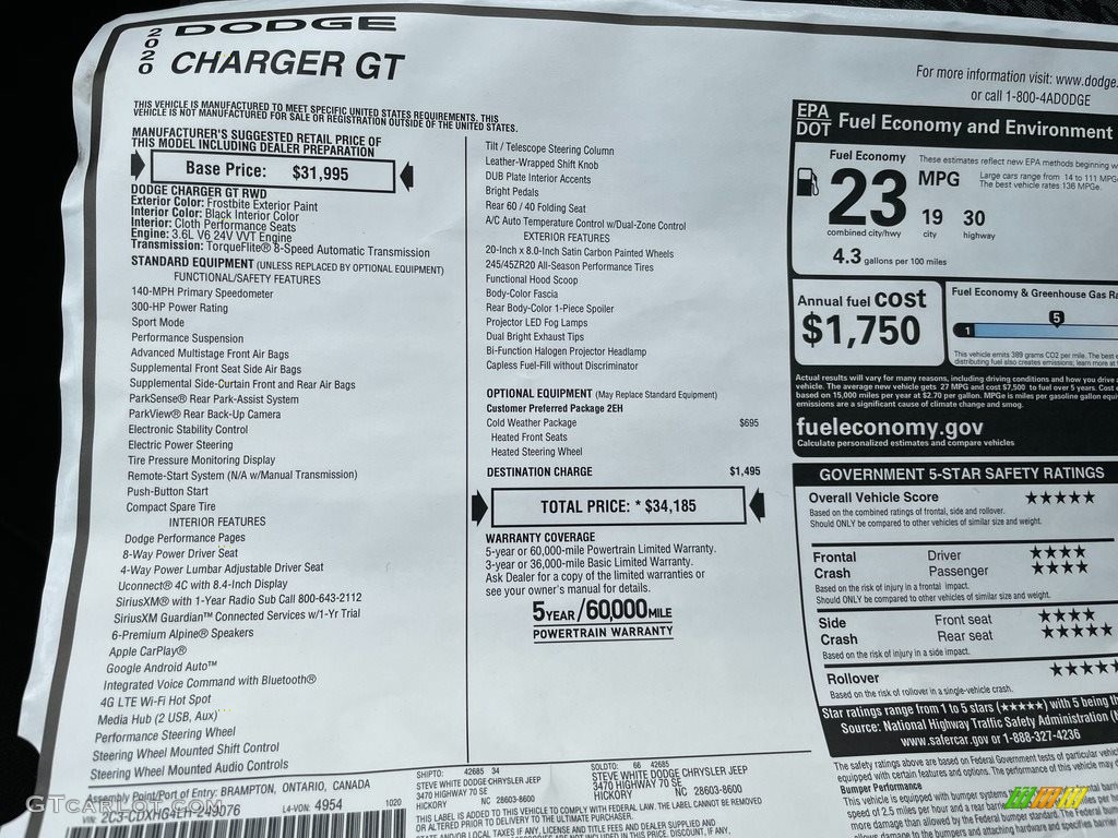 2020 Dodge Charger GT Window Sticker Photo #140193591