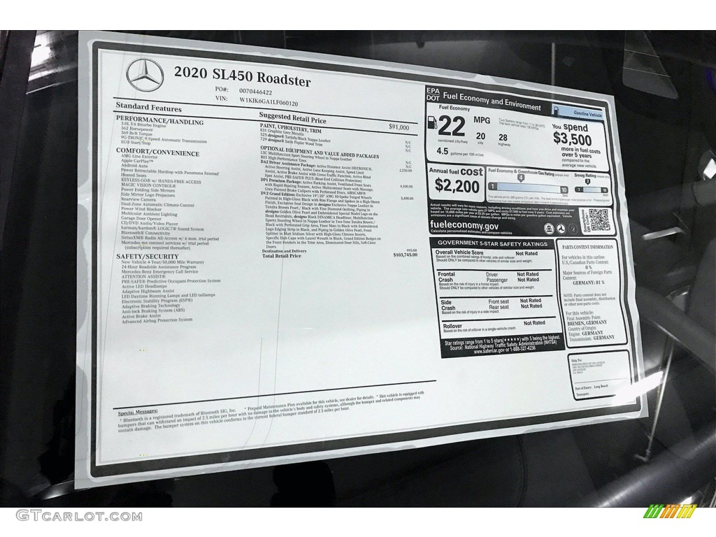 2020 Mercedes-Benz SL 450 Roadster Window Sticker Photo #140201991