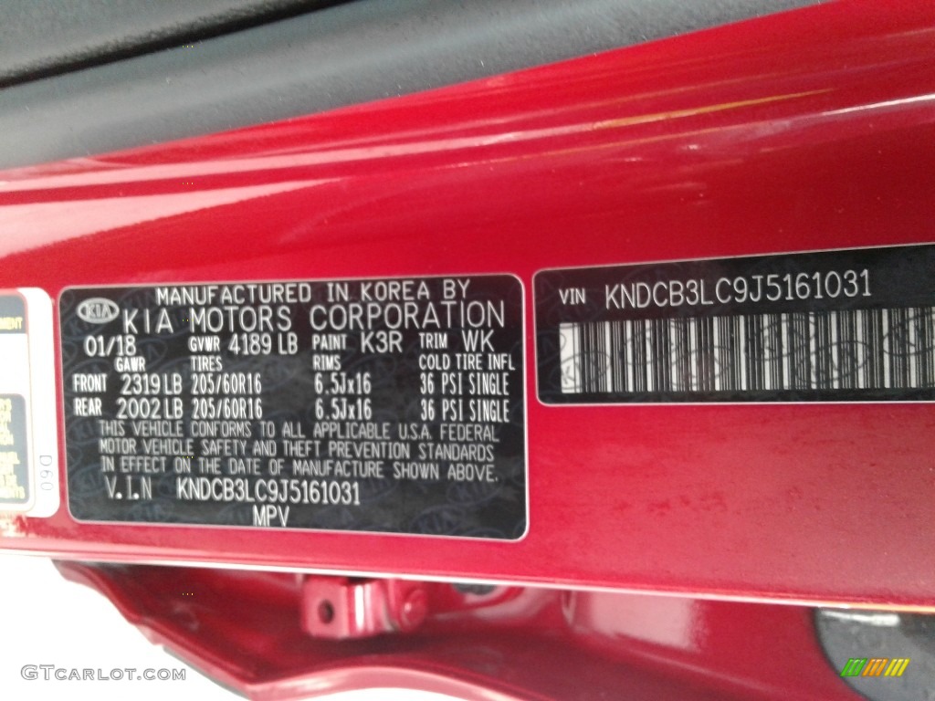 2018 Niro Color Code K3R for Crimson Red Photo #140207865
