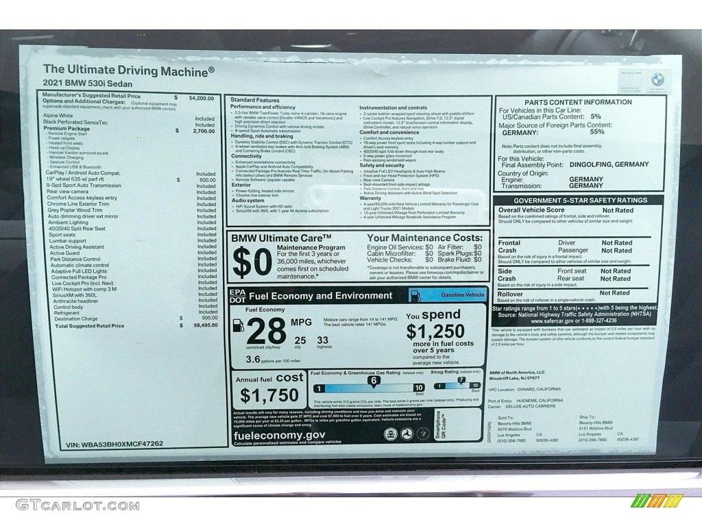 2021 5 Series 530i Sedan - Alpine White / Black photo #17
