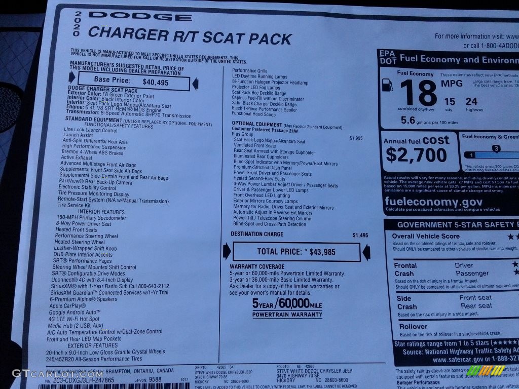 2020 Dodge Charger Scat Pack Window Sticker Photo #140225974