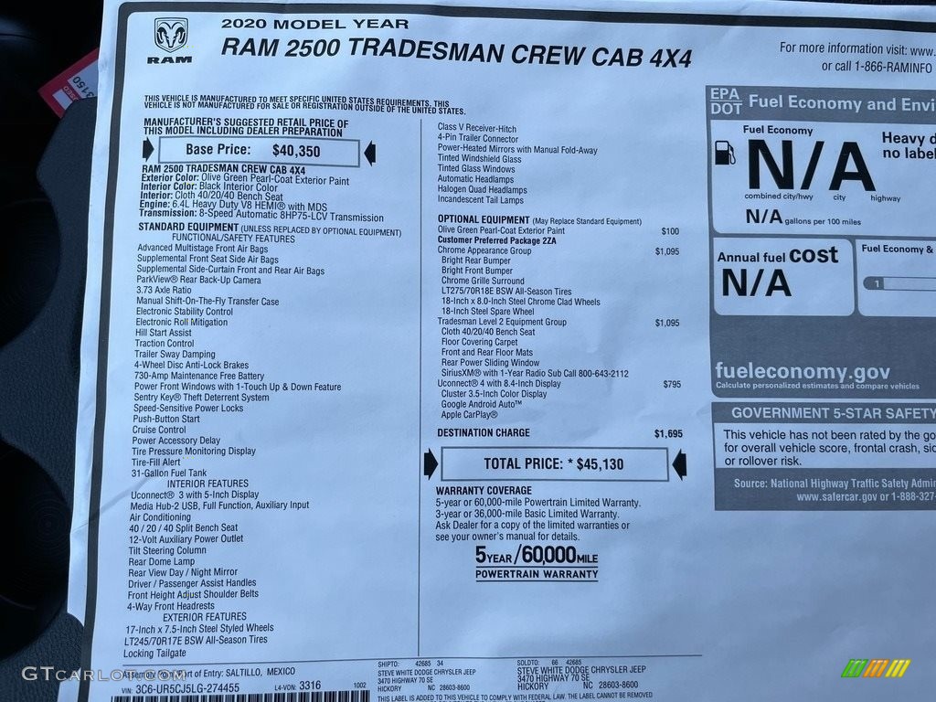 2020 Ram 2500 Tradesman Crew Cab 4x4 Window Sticker Photo #140227390