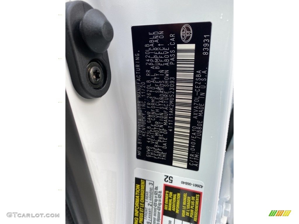 2021 Camry Color Code 040 for Super White Photo #140233482