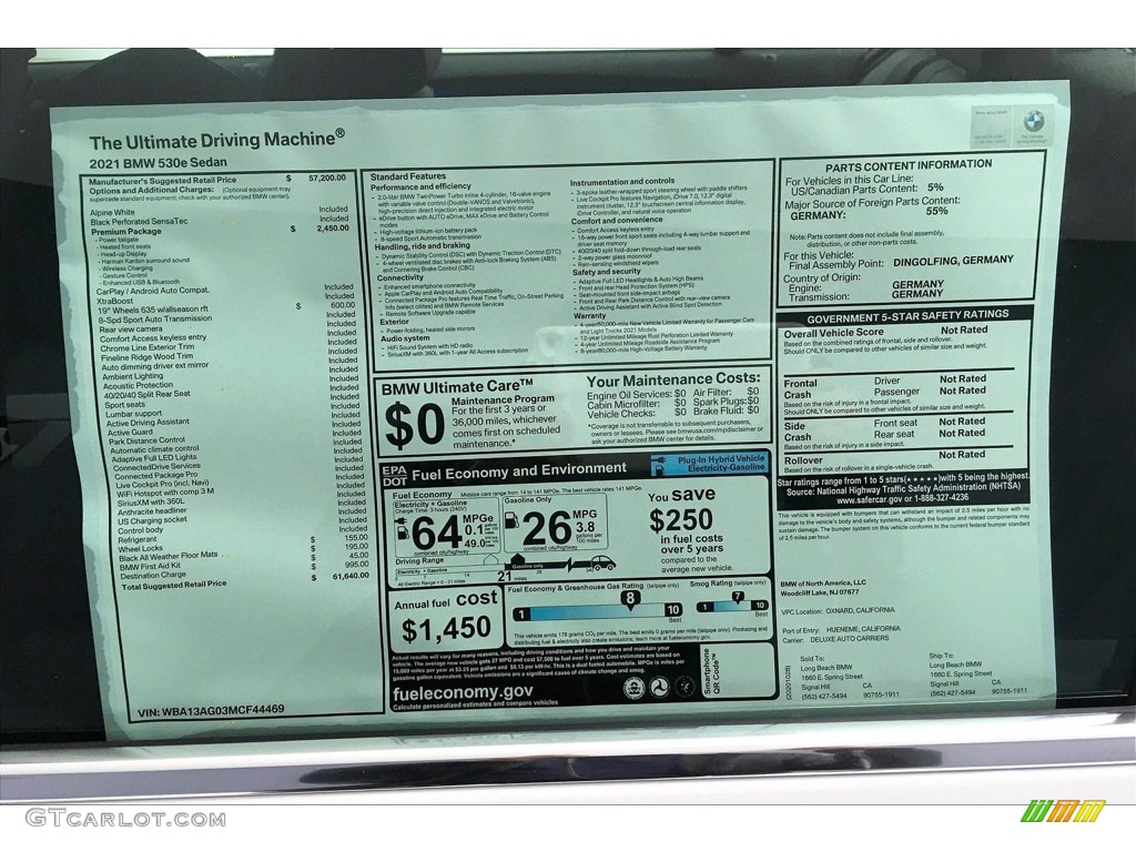 2021 BMW 5 Series 530e Sedan Window Sticker Photo #140238918