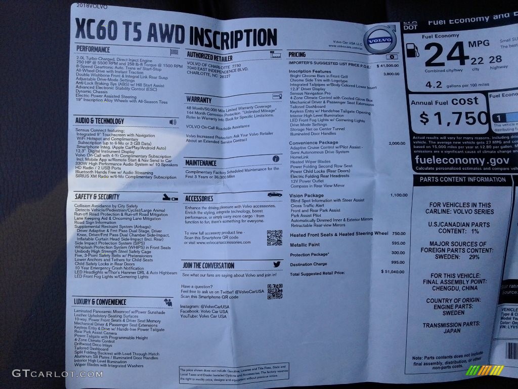 2018 Volvo XC60 T5 AWD Inscription Window Sticker Photos