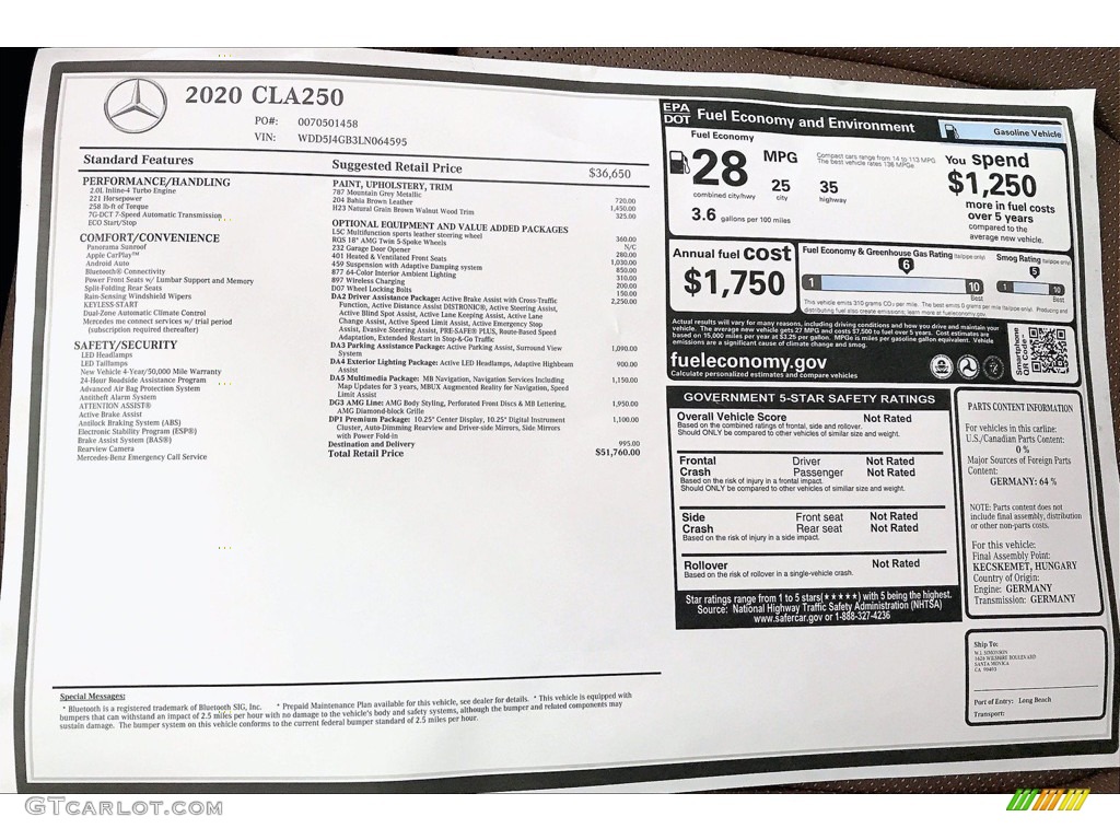 2020 Mercedes-Benz CLA 250 Coupe Window Sticker Photo #140241998
