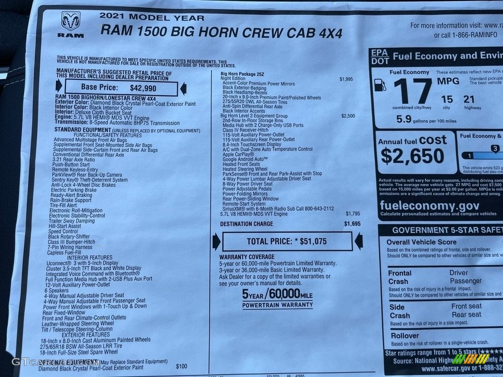 2021 Ram 1500 Big Horn Crew Cab 4x4 Window Sticker Photo #140246708
