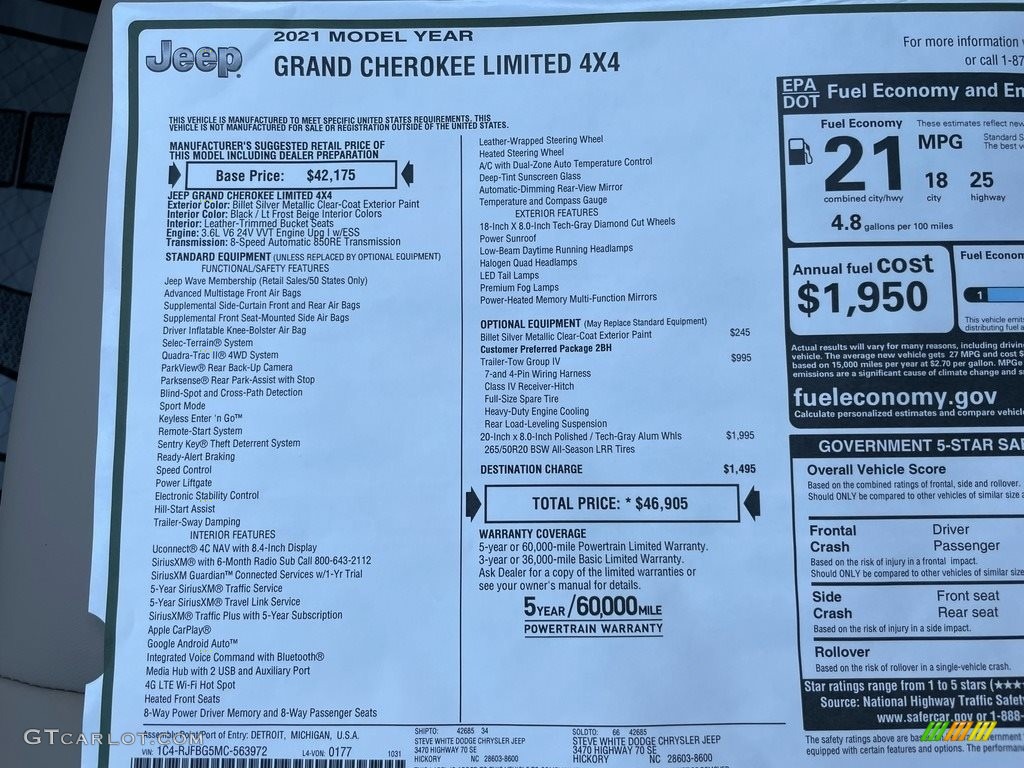 2021 Jeep Grand Cherokee Limited 4x4 Window Sticker Photo #140247458