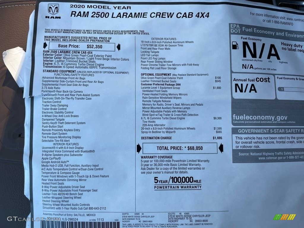 2020 Ram 2500 Laramie Crew Cab 4x4 Window Sticker Photo #140248139