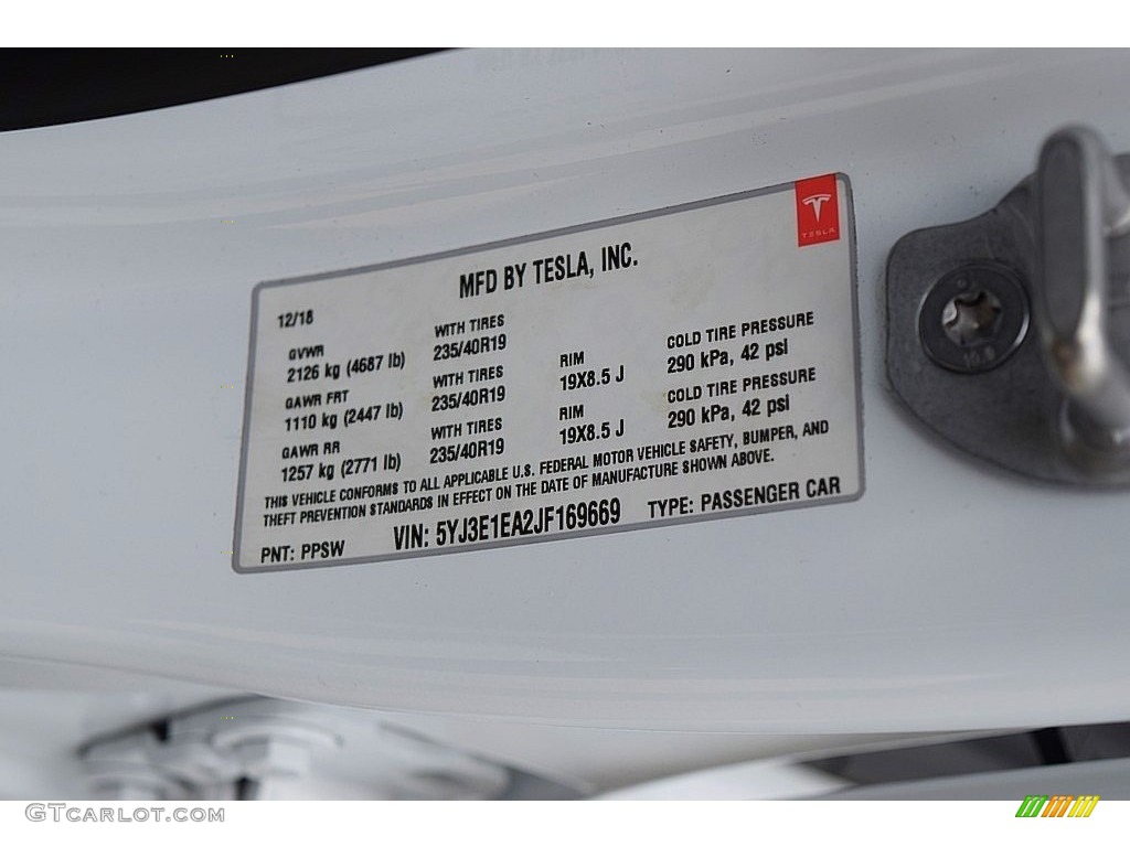 2018 Tesla Model 3 Long Range Info Tag Photo #140254643