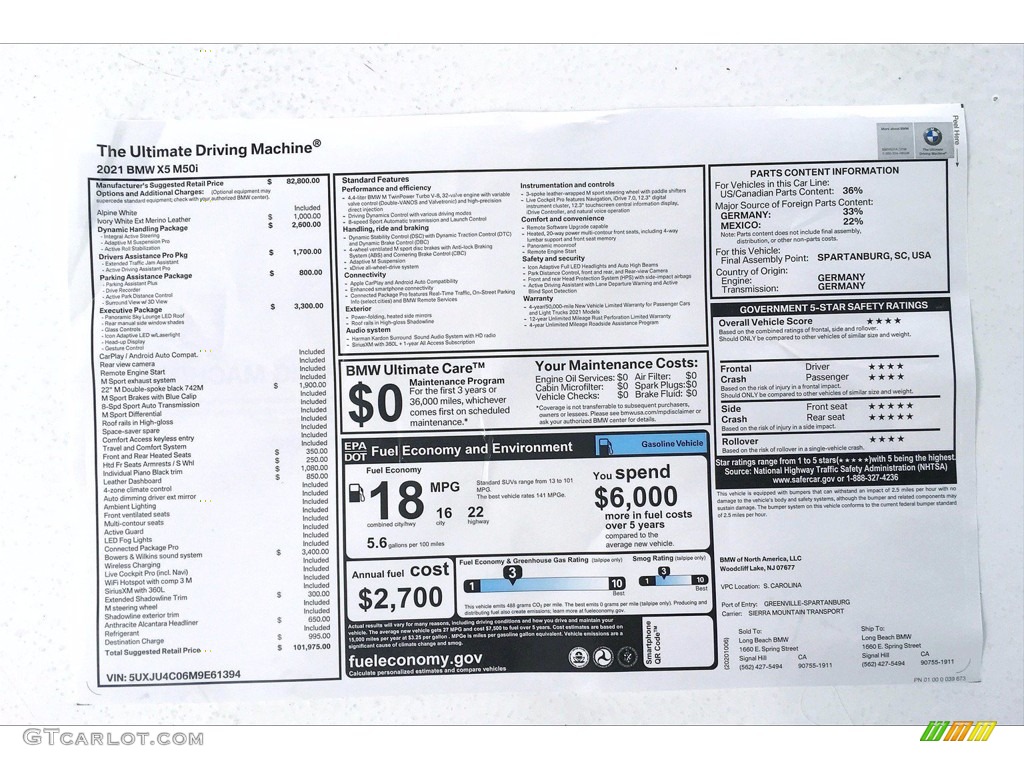 2021 BMW X5 M50i Window Sticker Photo #140279450