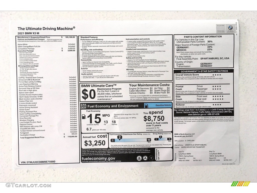 2021 BMW X5 M Standard X5 M Model Window Sticker Photo #140285475