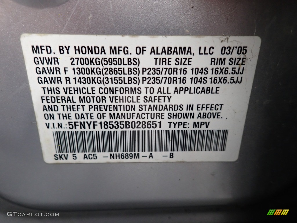 2005 Pilot EX-L 4WD - Billet Silver Metallic / Gray photo #37