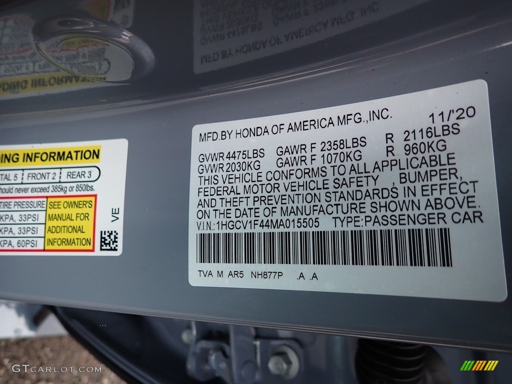2021 Accord Color Code NH877P for Sonic Gray Pearl Photo #140295052