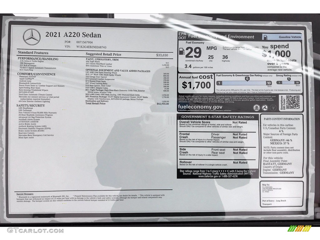 2021 Mercedes-Benz A 220 Sedan Window Sticker Photo #140305711