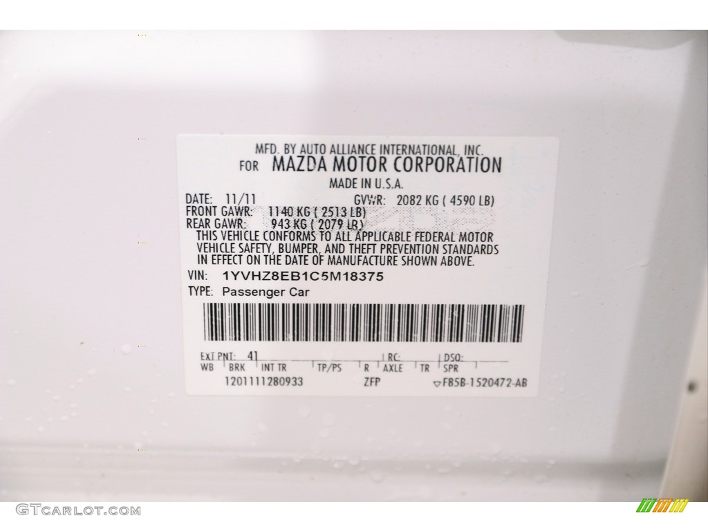 2012 MAZDA6 Color Code 41 for White Platinum Pearl Photo #140323956