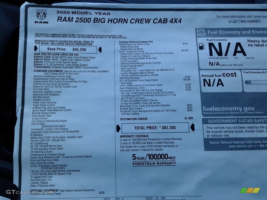 2020 2500 Big Horn Crew Cab 4x4 - Bright White / Black/Diesel Gray photo #38