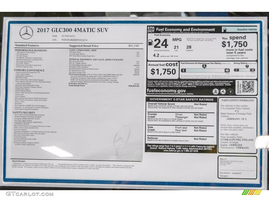 2017 Mercedes-Benz GLC 300 4Matic Window Sticker Photos