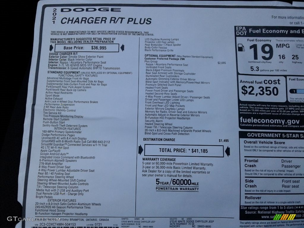 2021 Dodge Charger R/T Plus Window Sticker Photo #140365912