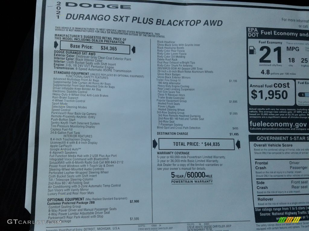 2021 Dodge Durango SXT Plus Blacktop AWD Window Sticker Photos