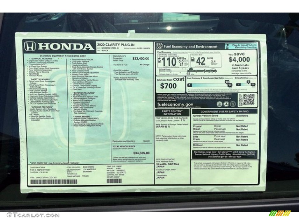 2020 Honda Clarity Plug In Hybrid Window Sticker Photo #140372407