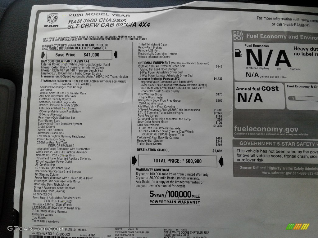 2020 Ram 3500 SLT Crew Cab 4x4 Chassis Window Sticker Photos