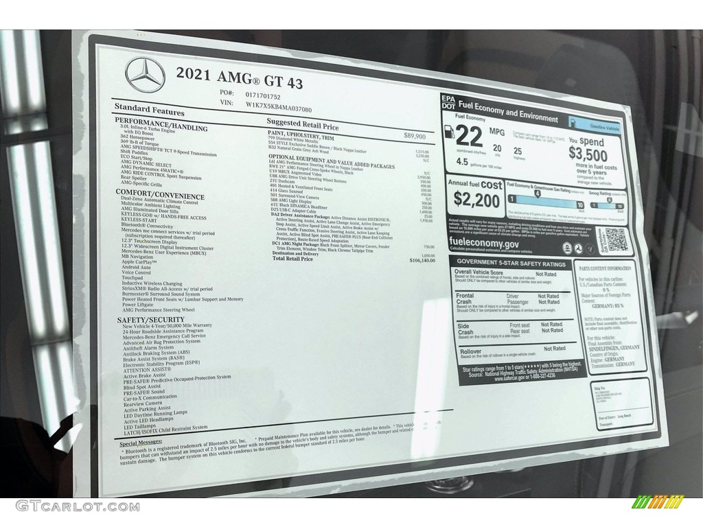 2021 Mercedes-Benz AMG GT 43 Window Sticker Photo #140379095