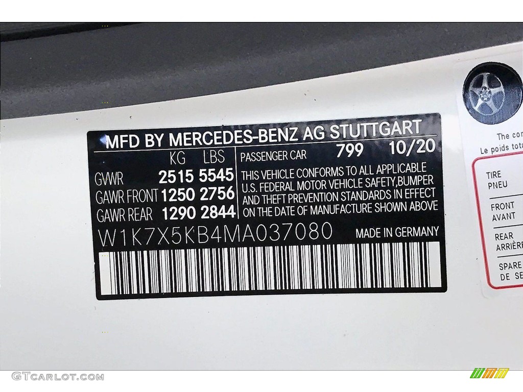 2021 AMG GT Color Code 799 for designo Diamond White Metallic Photo #140379110