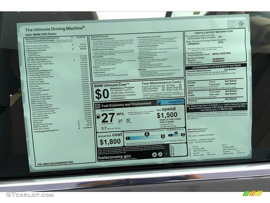 2021 BMW 5 Series 540i Sedan Window Sticker Photo #140382442