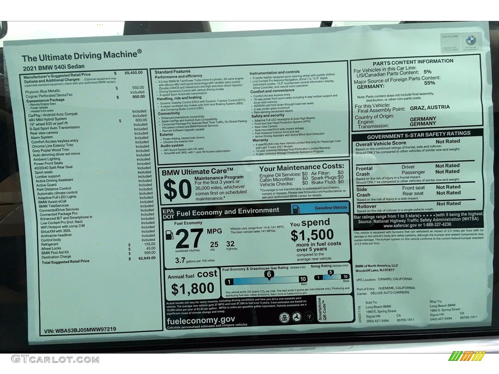 2021 BMW 5 Series 540i Sedan Window Sticker Photo #140382958