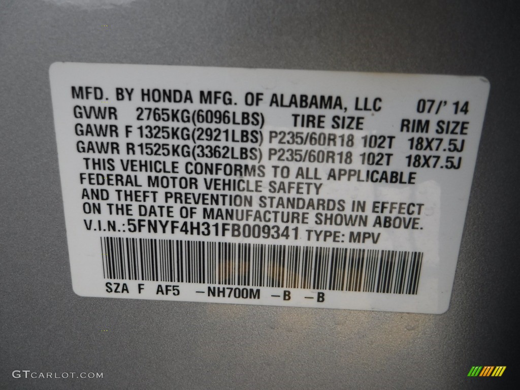 2015 Pilot Color Code NH700M for Alabaster Silver Metallic Photo #140383936