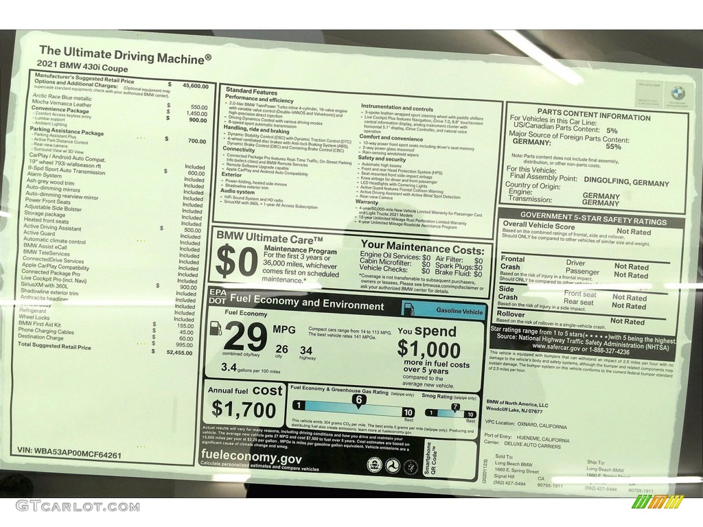 2021 BMW 4 Series 430i Coupe Window Sticker Photo #140385526