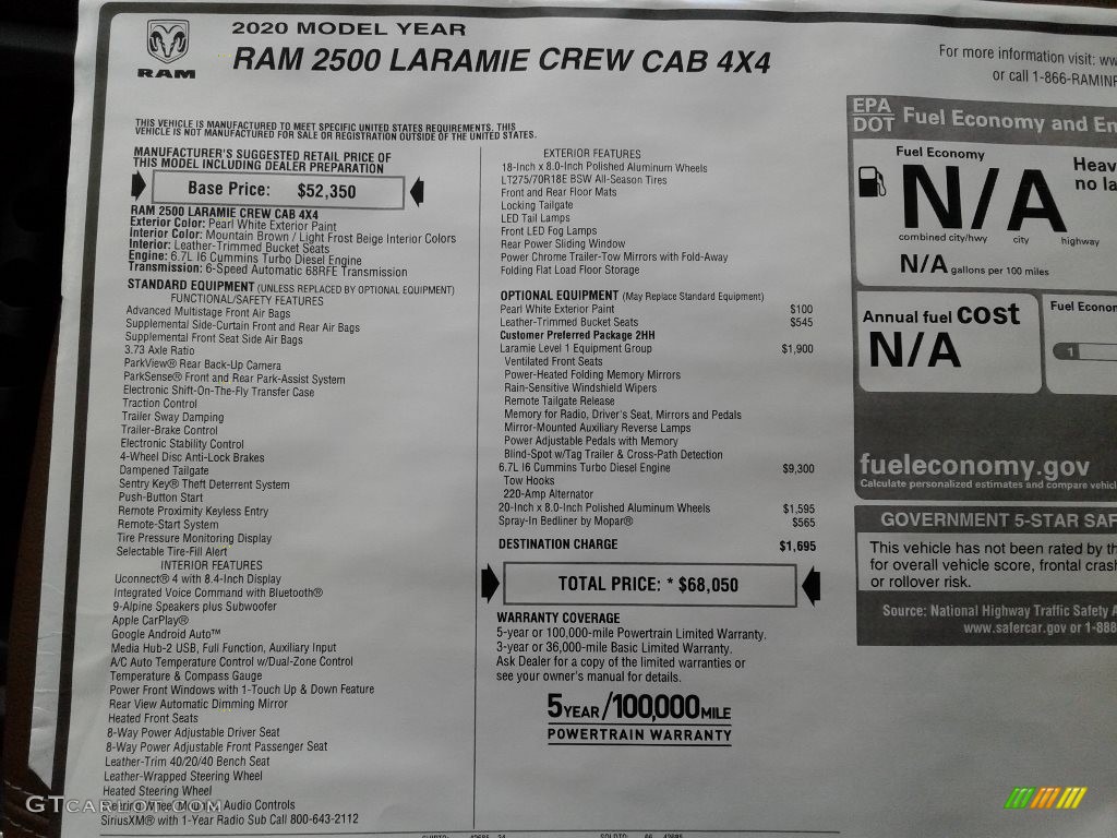 2020 2500 Laramie Crew Cab 4x4 - Pearl White / Mountain Brown/Light Frost Beige photo #32