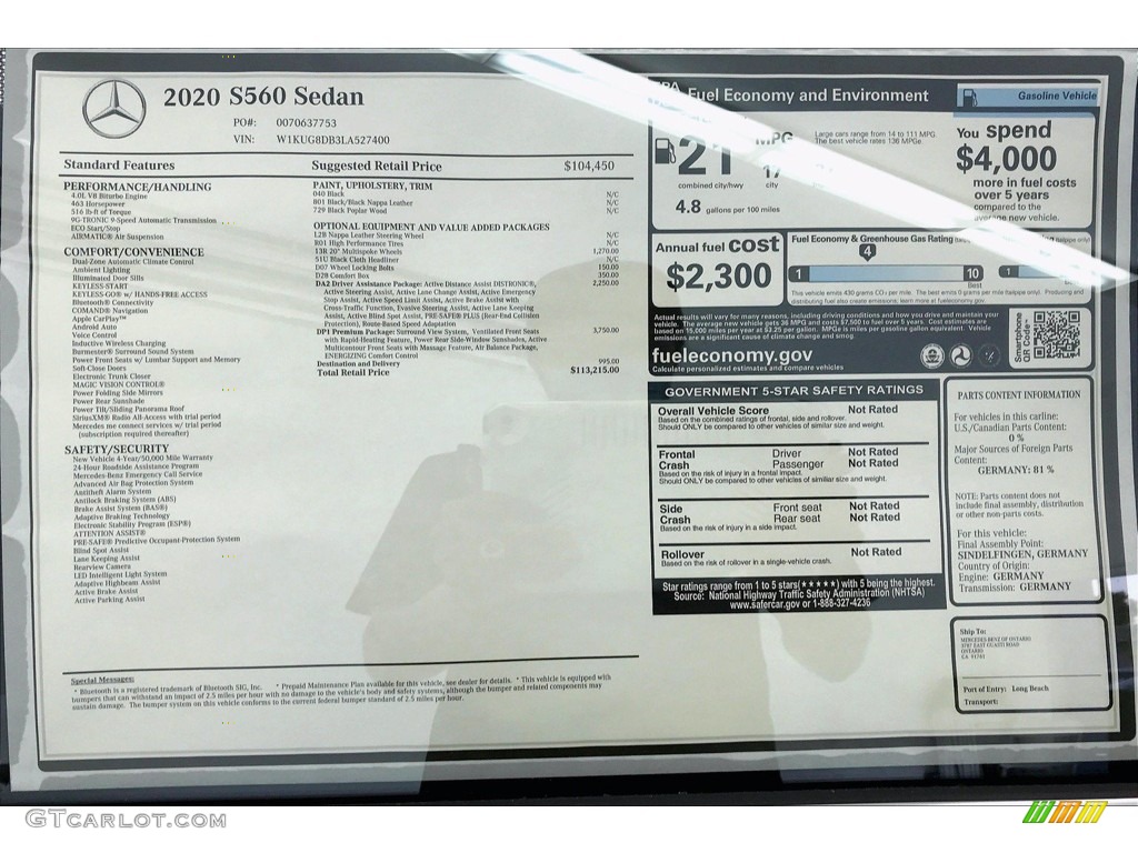 2020 Mercedes-Benz S 560 Sedan Window Sticker Photo #140411301