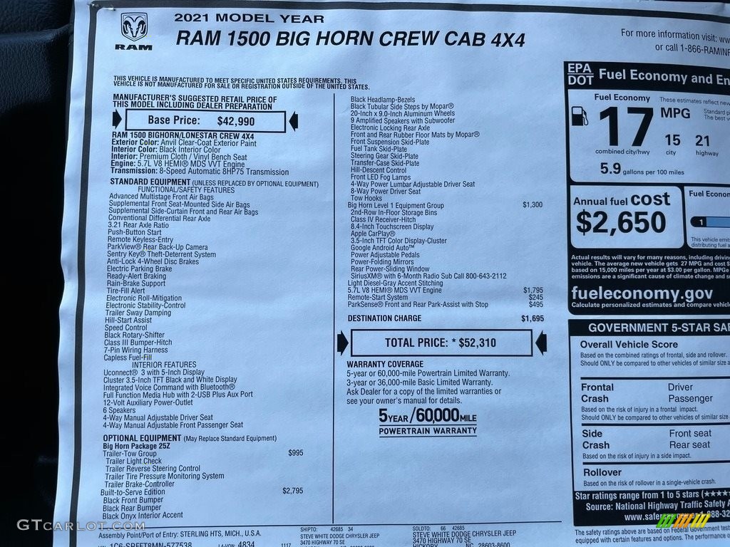2021 Ram 1500 Built to Serve Edition Crew Cab 4x4 Window Sticker Photos