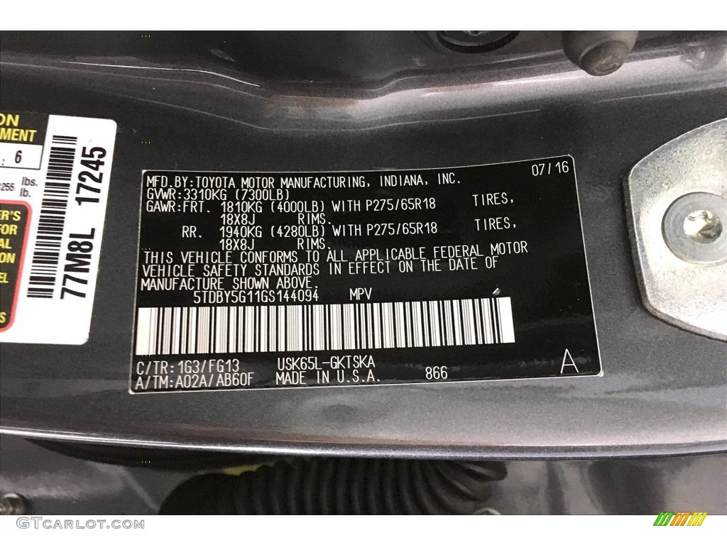 2016 Toyota Sequoia SR5 4x4 Color Code Photos