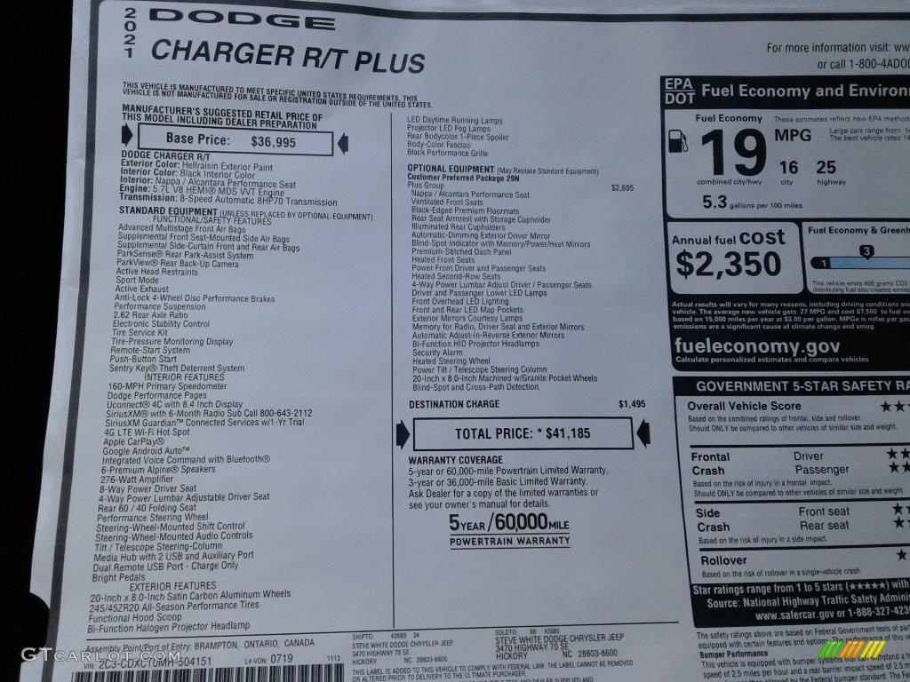 2021 Dodge Charger R/T Window Sticker Photo #140417153