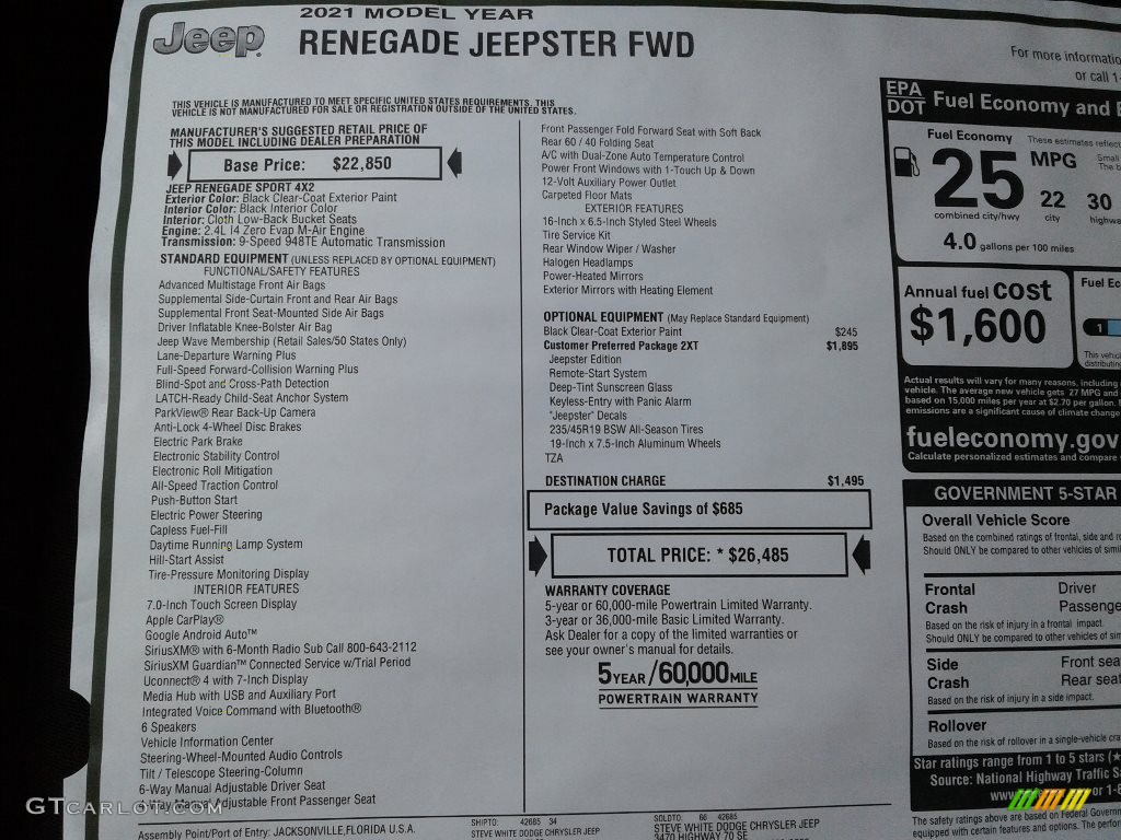 2021 Jeep Renegade Jeepster Window Sticker Photo #140431046
