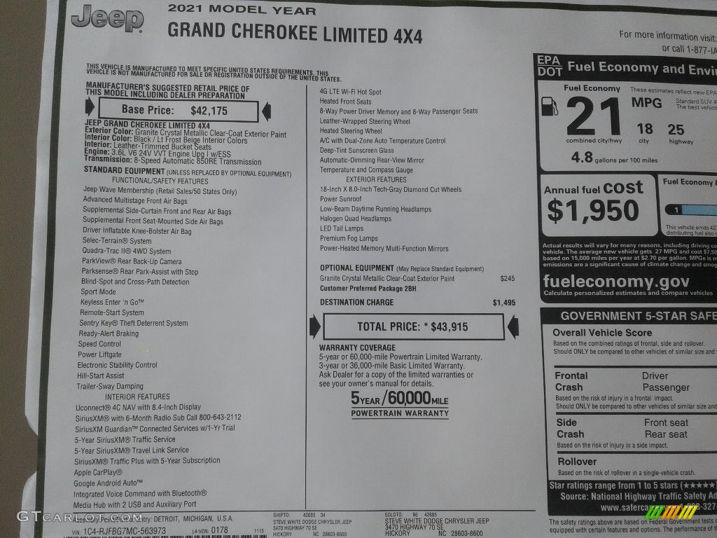 2021 Jeep Grand Cherokee Limited 4x4 Window Sticker Photo #140431966