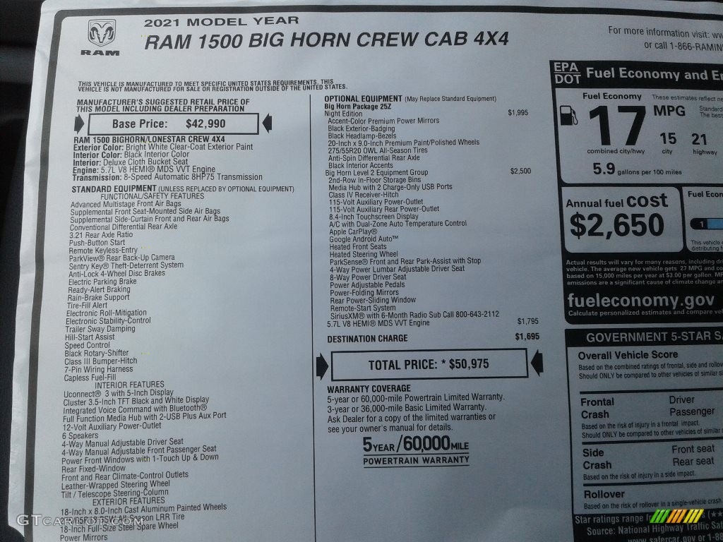 2021 1500 Big Horn Crew Cab 4x4 - Bright White / Black photo #31