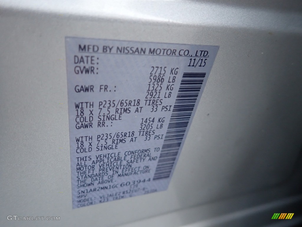 2016 Nissan Pathfinder SV Color Code Photos