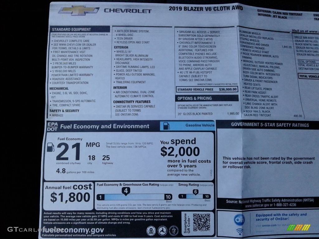 2019 Chevrolet Blazer 3.6L Leather AWD Window Sticker Photo #140439938