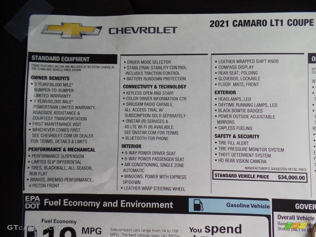 2021 Chevrolet Camaro LT1 Coupe Window Sticker Photo #140453236