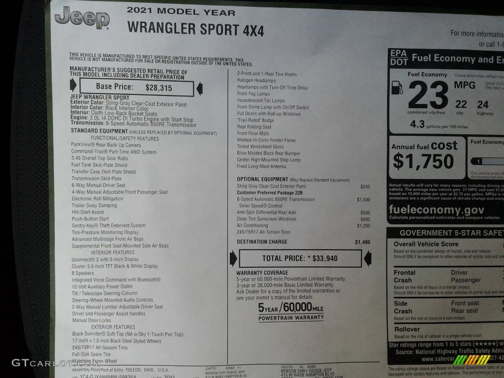 2021 Jeep Wrangler Sport 4x4 Window Sticker Photo #140469298