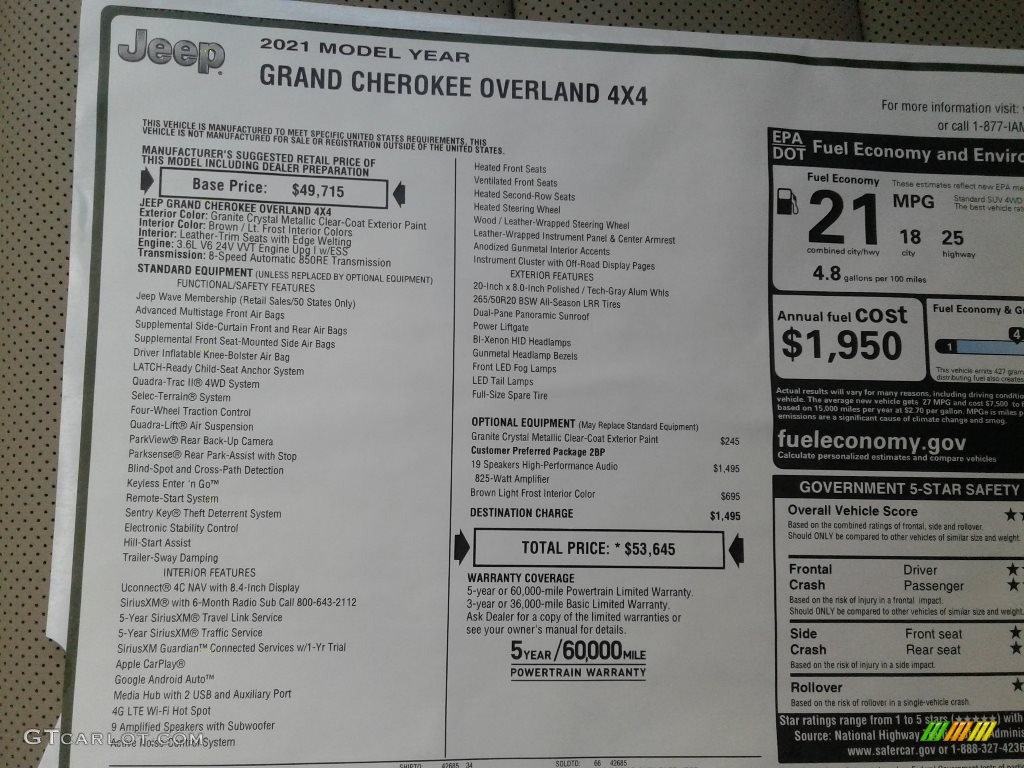 2021 Jeep Grand Cherokee Overland 4x4 Window Sticker Photo #140470273